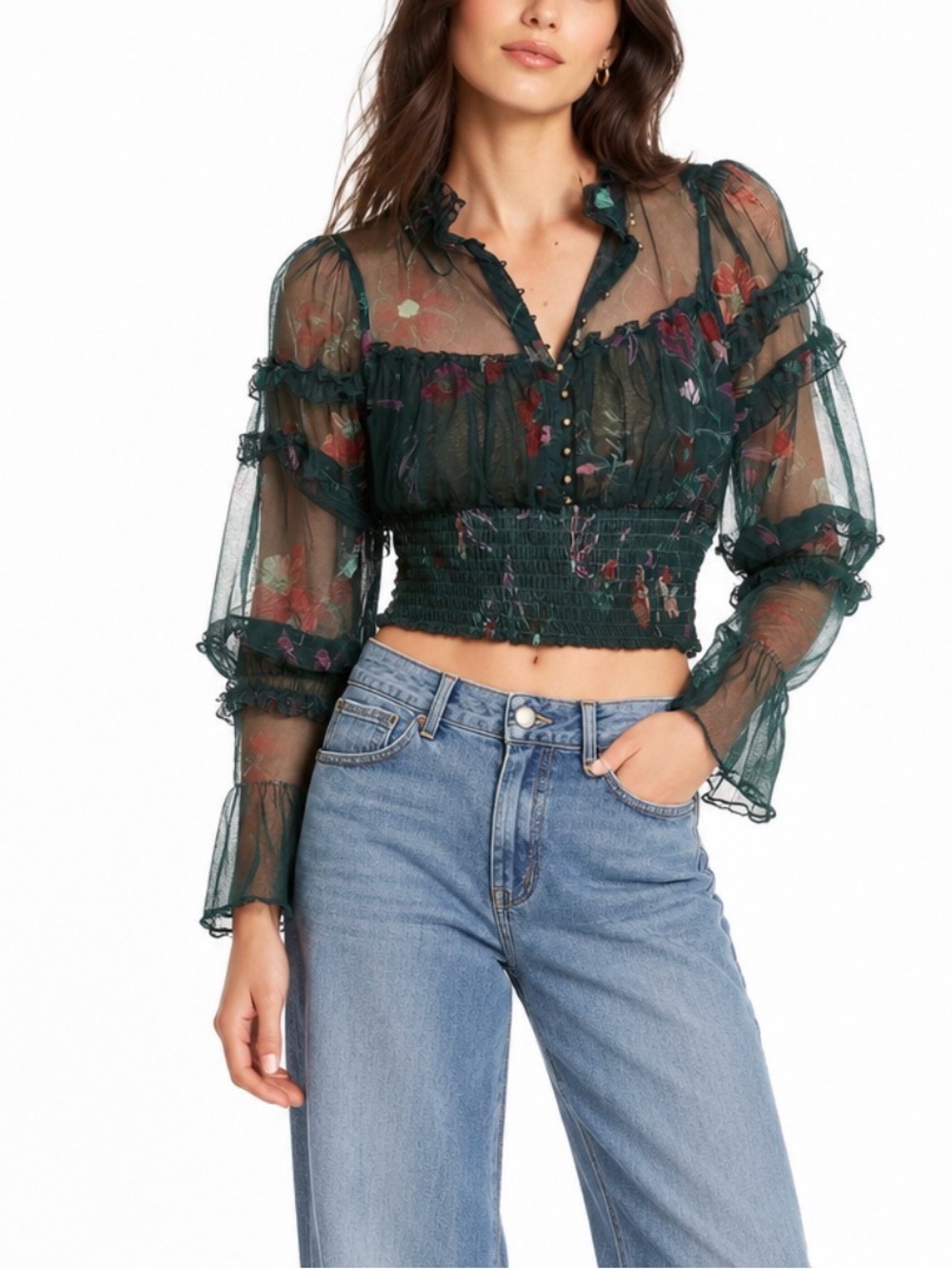 Free People Mesh Floral Cropped Top Blouse Size XL